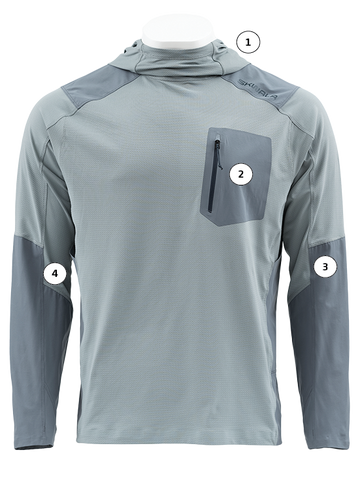 Front facing, hero image of the Sol Tactical Hoody with tech call out tags. Color: Slate/Storm